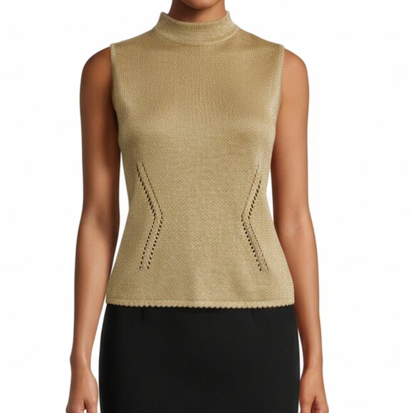 St. John Basic Sleeveless Top Gold and Metallic Mock Neck Back Zip Womens Size P - Picture 1 of 8